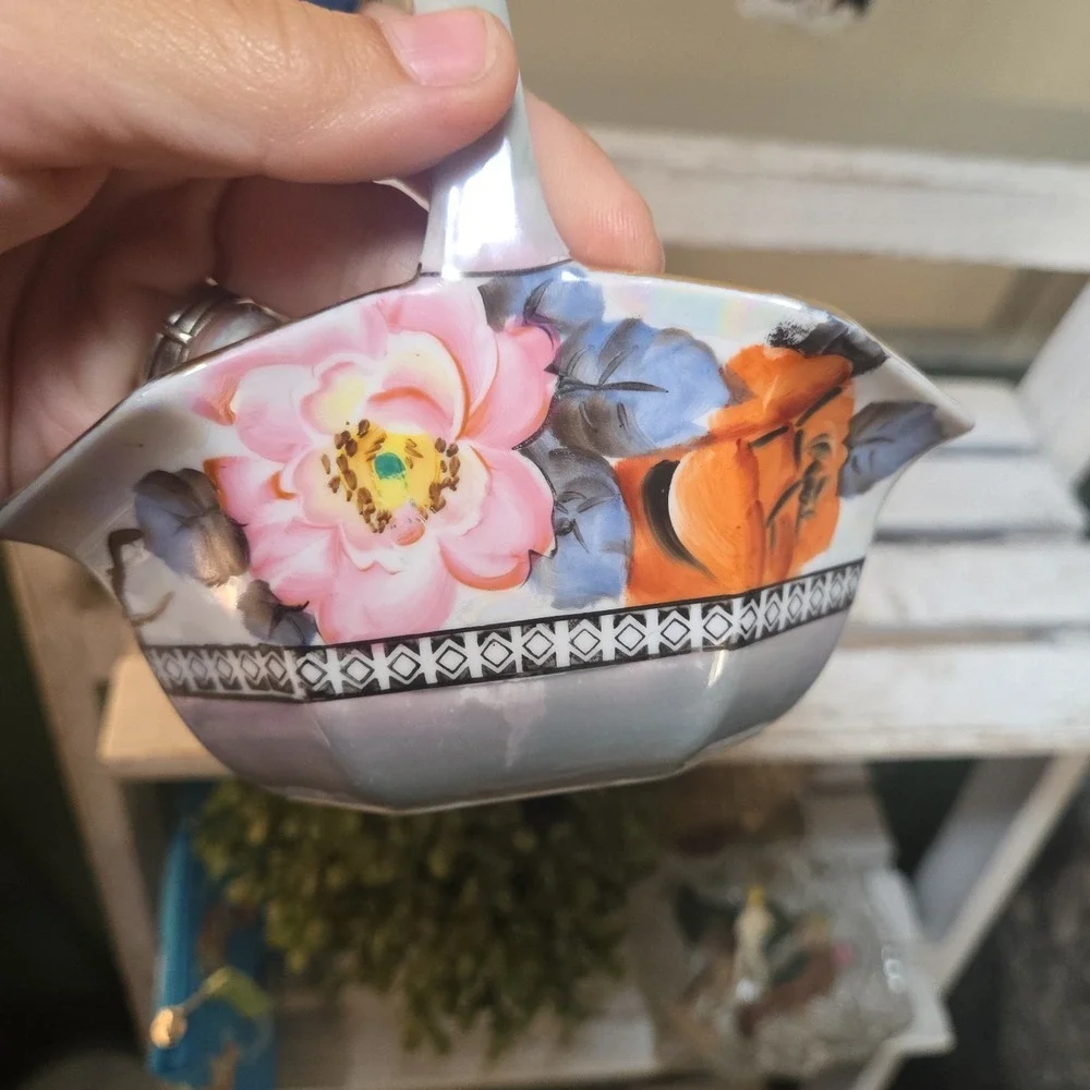 Vintage Lusterware Porcelain Basket with Hand-painted Floal Motif Japan Art Deco